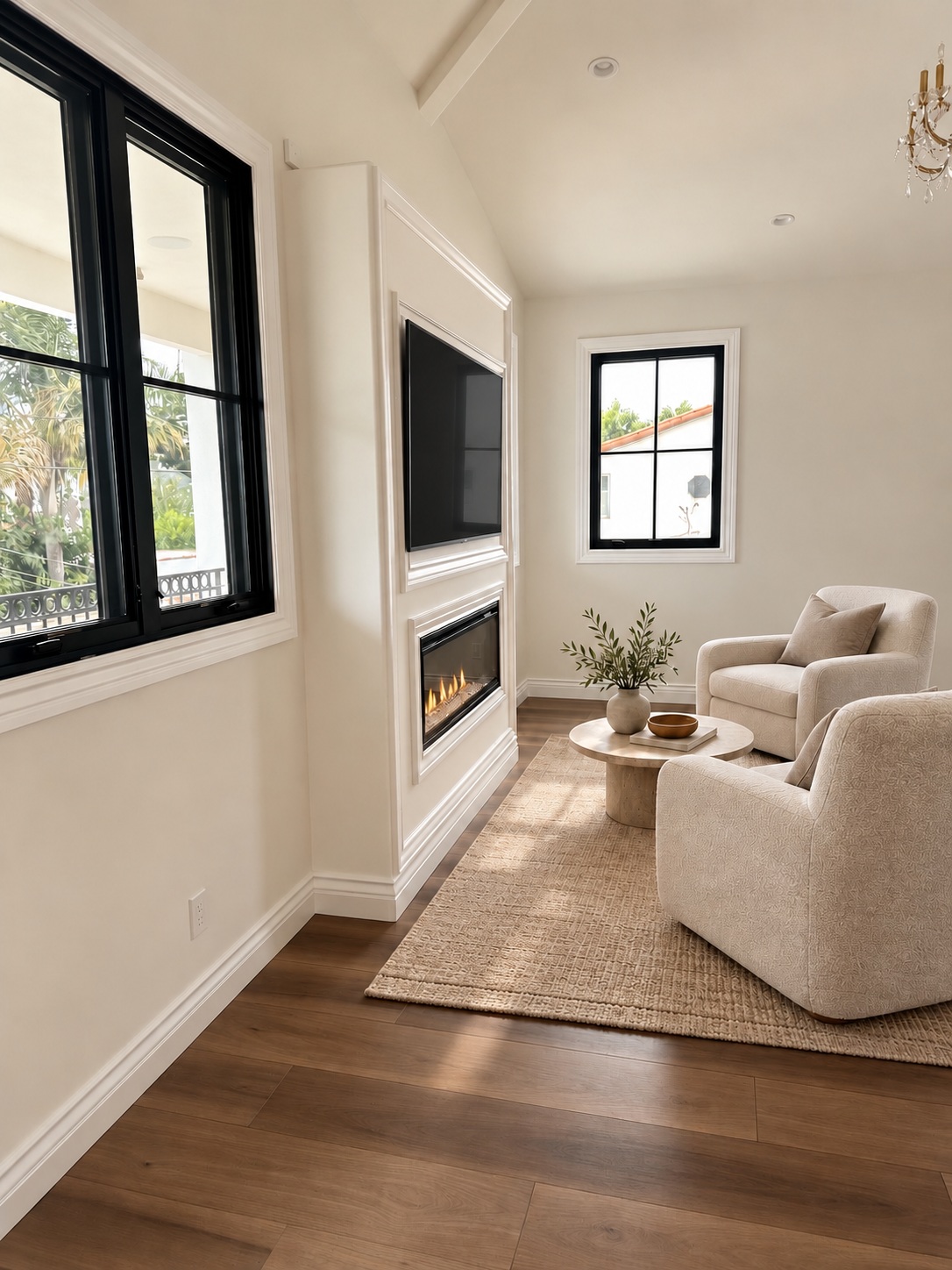 Primary-bedroom sitting area with a flat-screen TV above the fireplace