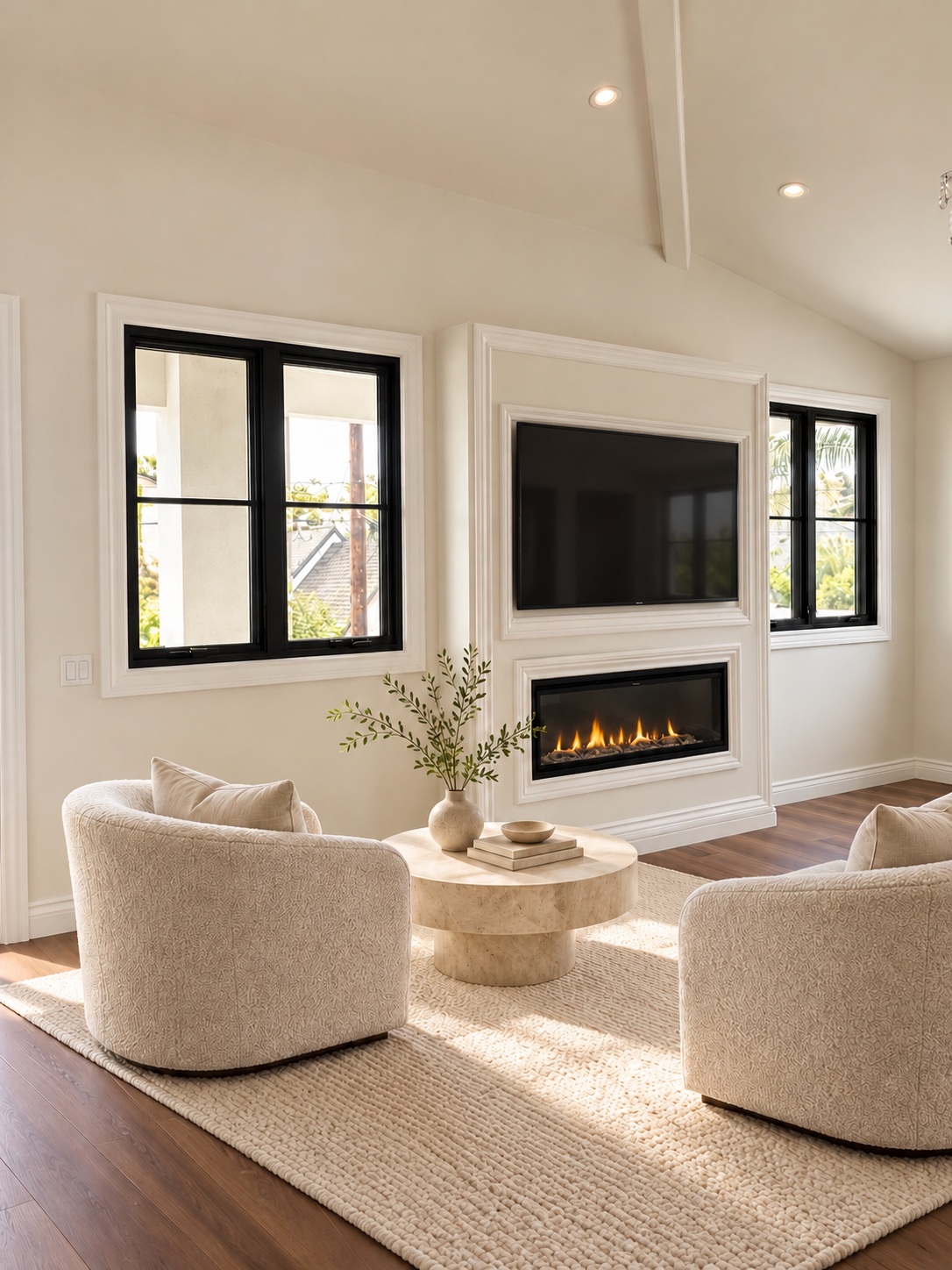 Primary-bedroom sitting room with curved chairs, fireplace, and flat-screen TV