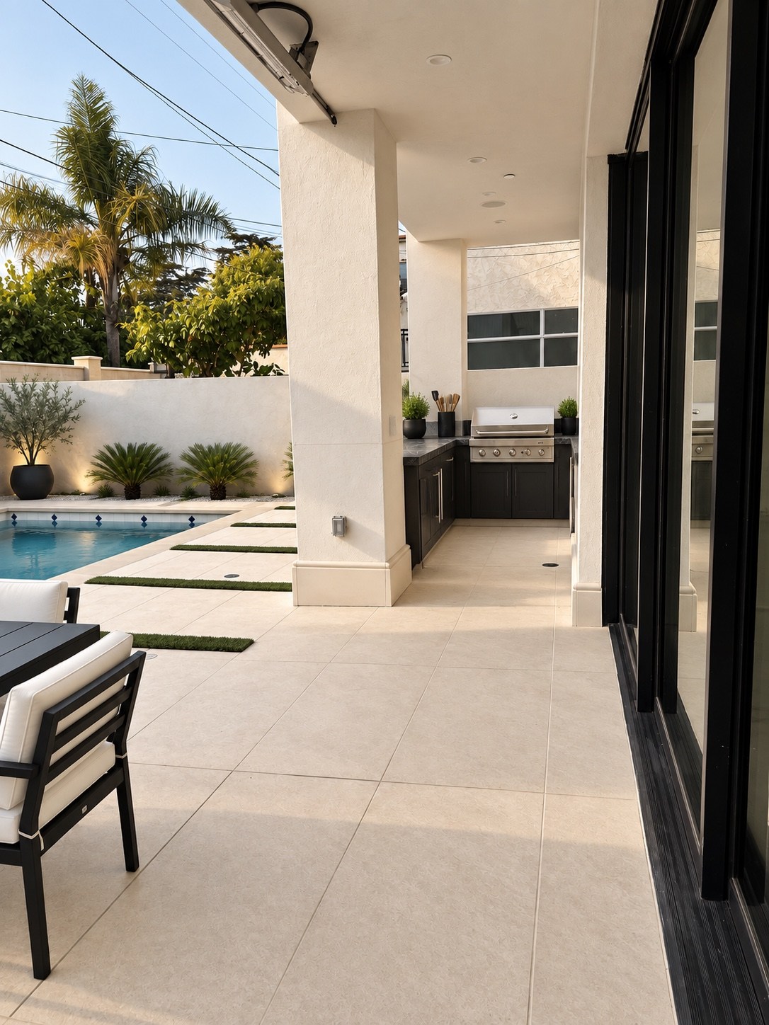 Covered terrace opening onto the pool and outdoor cooking area