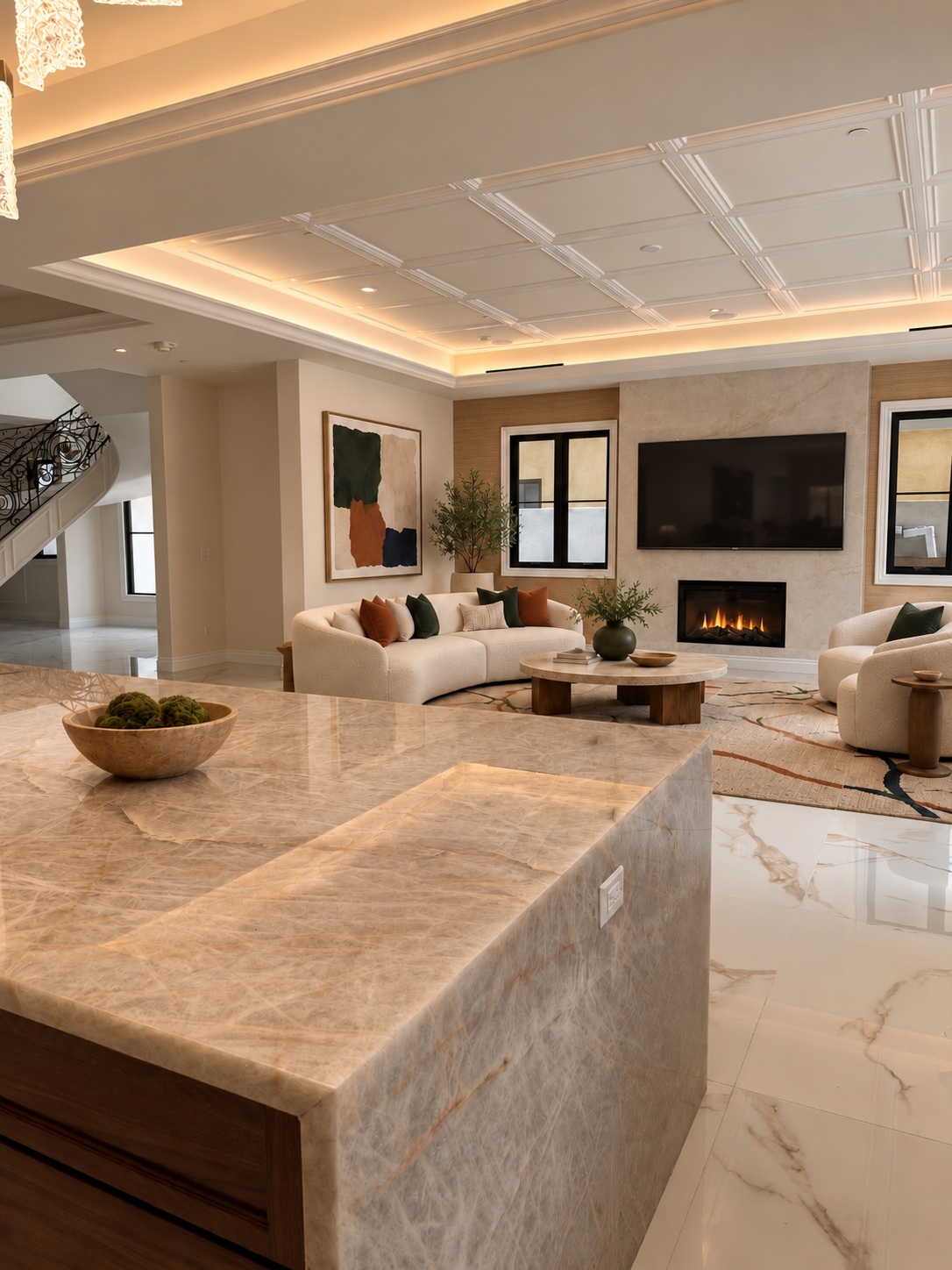 Stone kitchen island opening onto the family living area