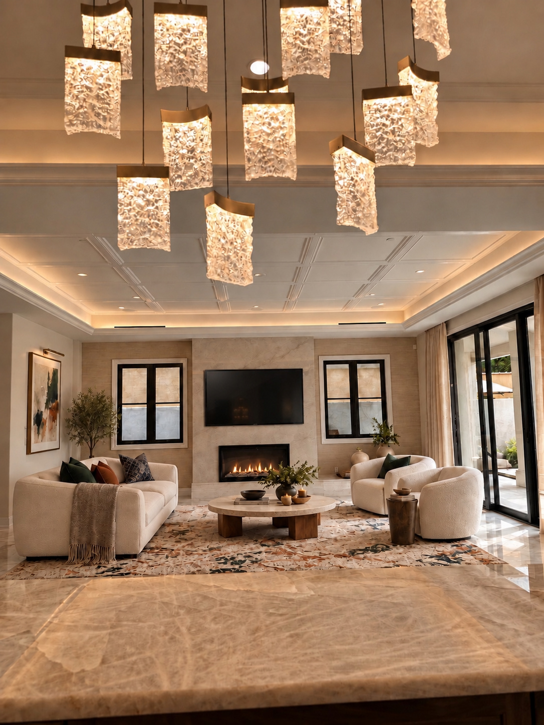 Connected kitchen and living area with fireplace and television