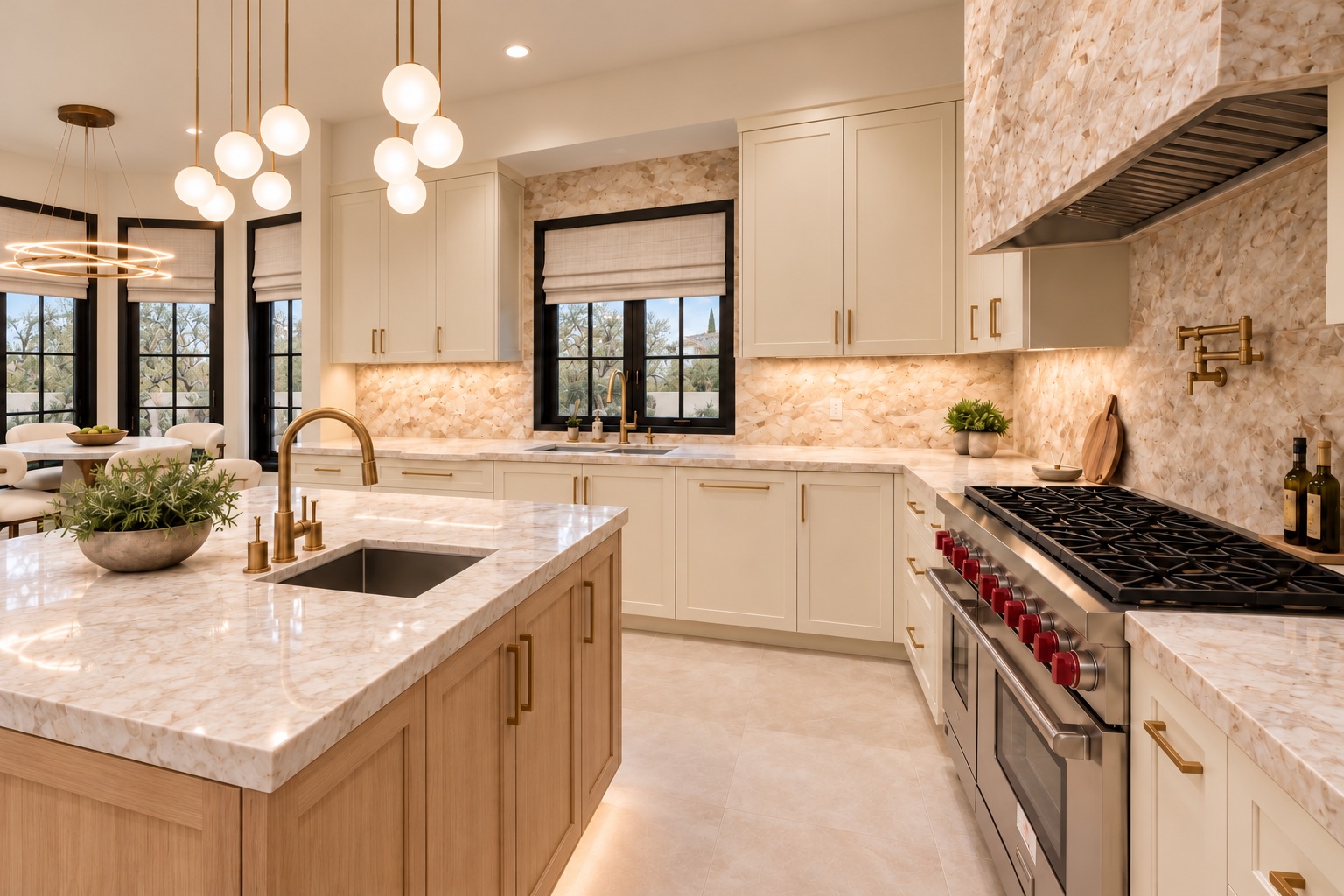 Kitchen with wood island, brass fittings and professional range