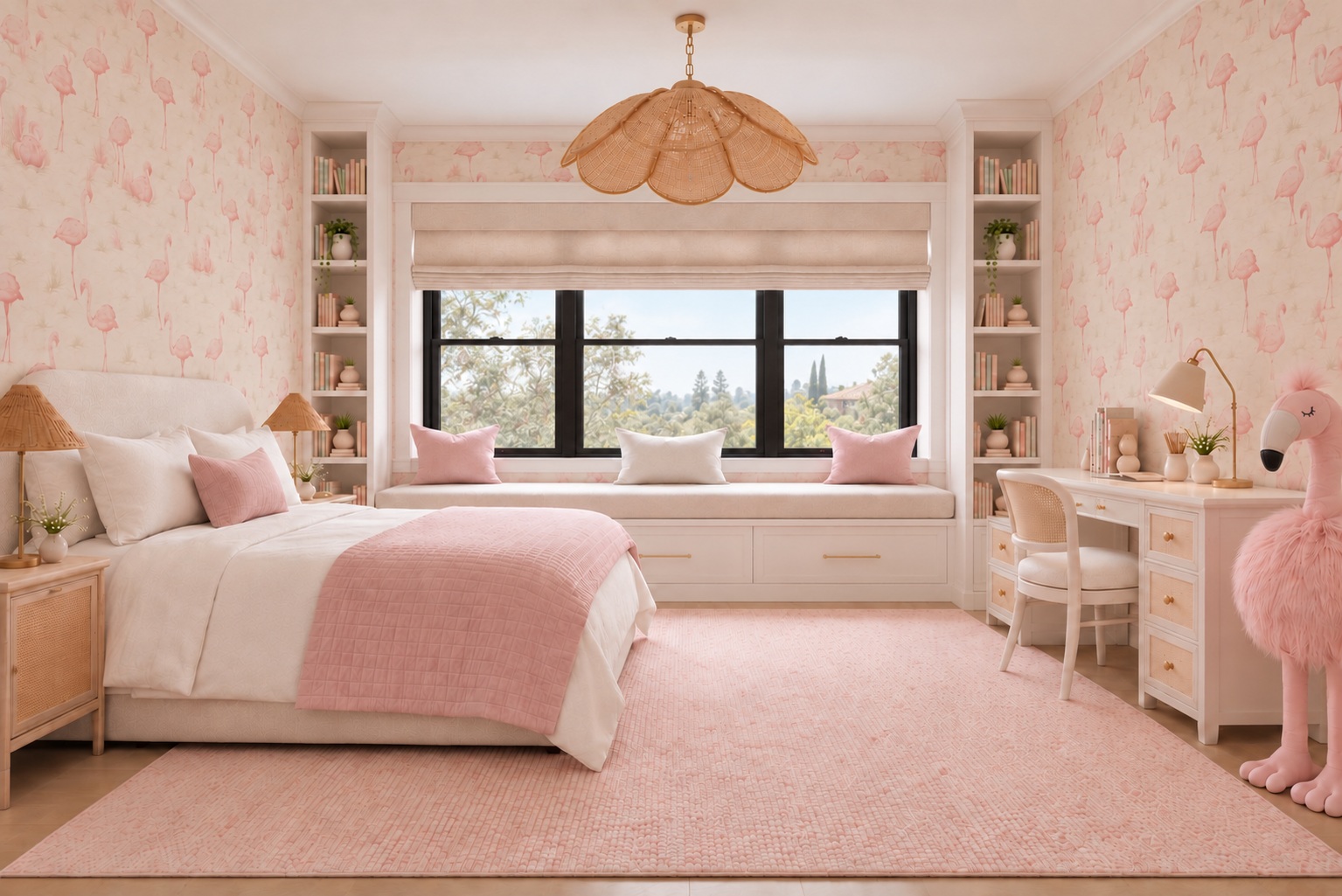 Pink children’s bedroom with window seat and built-in shelving