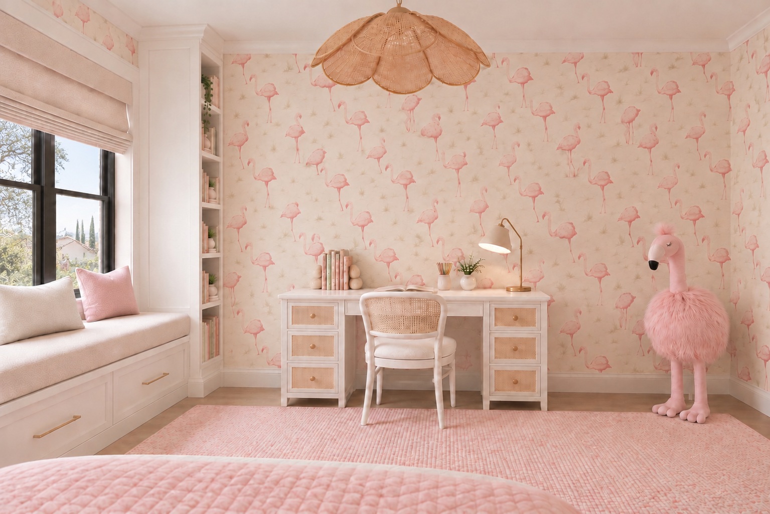 Children’s bedroom study area with floral wallpaper