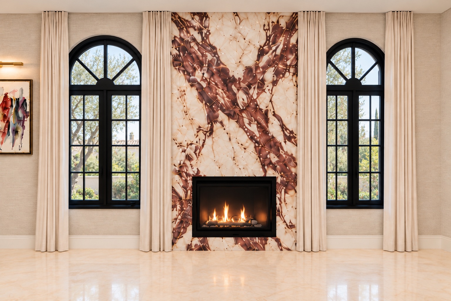 Statement stone fireplace between arched windows