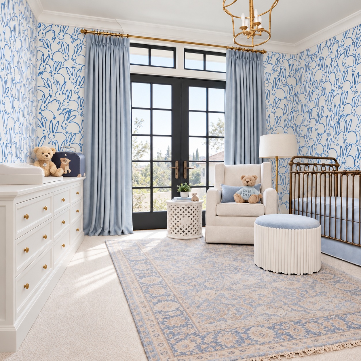 Nursery with crib, blue curtains and natural light