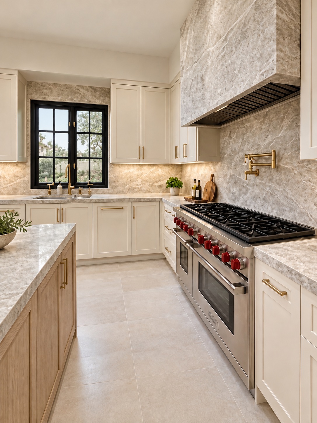 Professional range and stone-clad hood