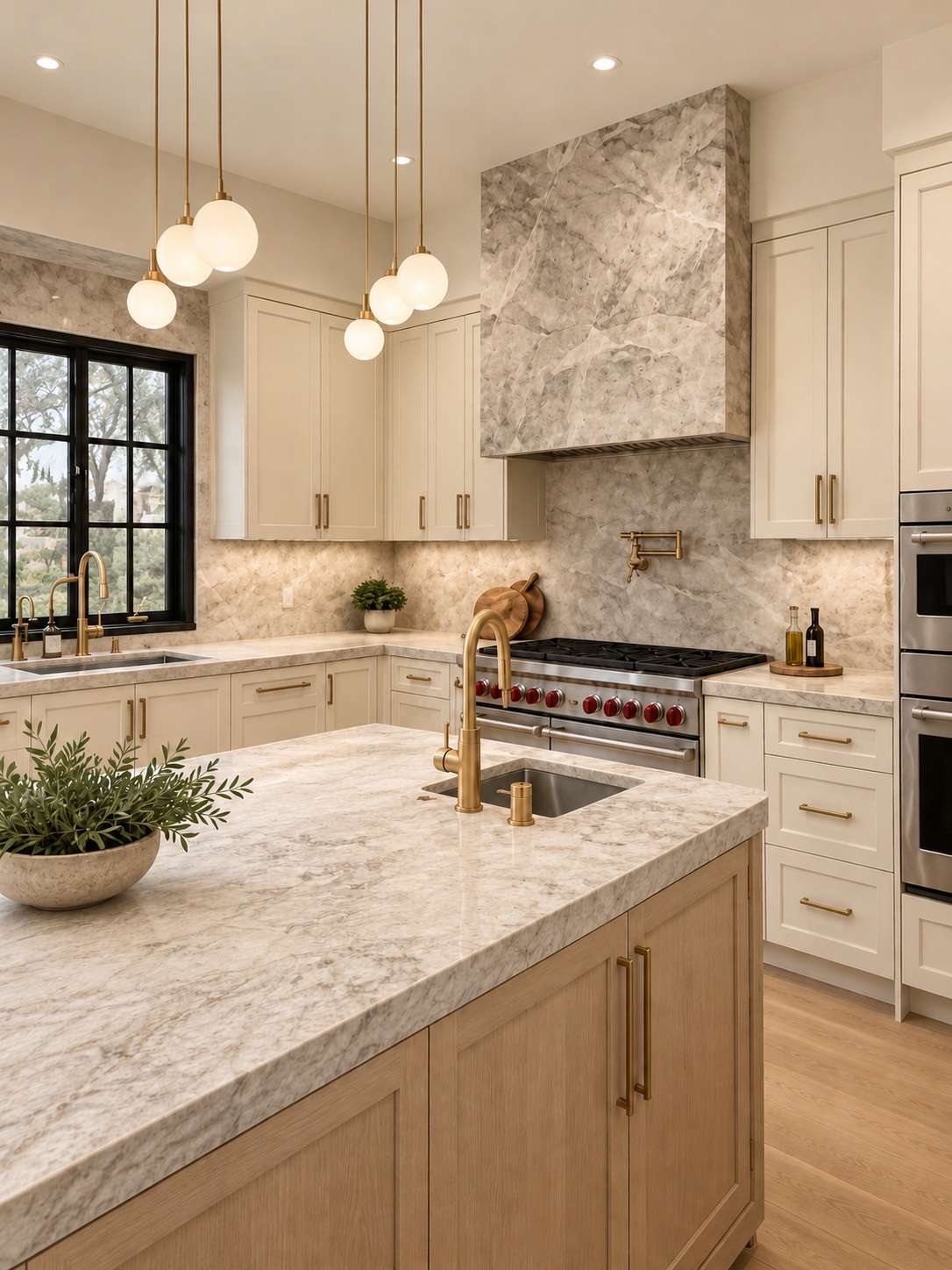 Kitchen island and cooking area with globe pendants