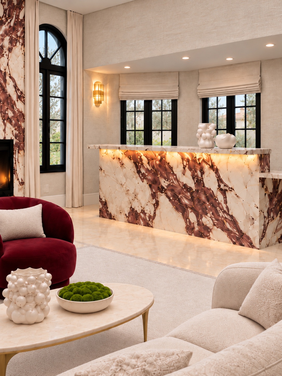 Backlit stone bar overlooking the living area