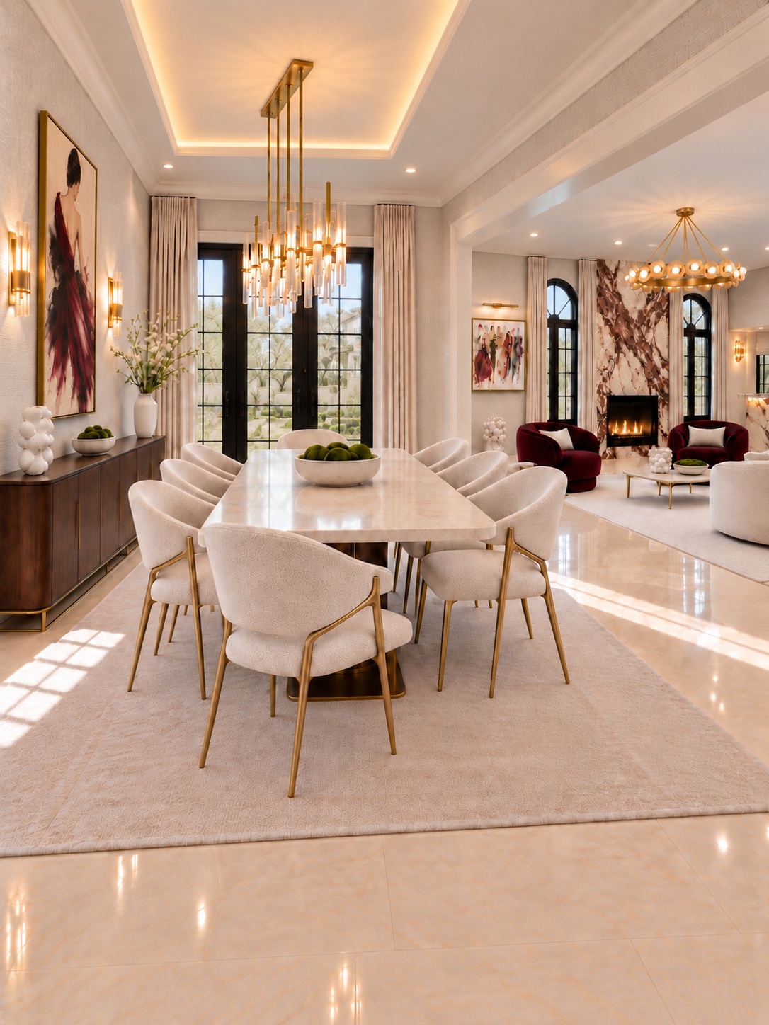 Dining room opening to the living room with burgundy chairs and a statement fireplace
