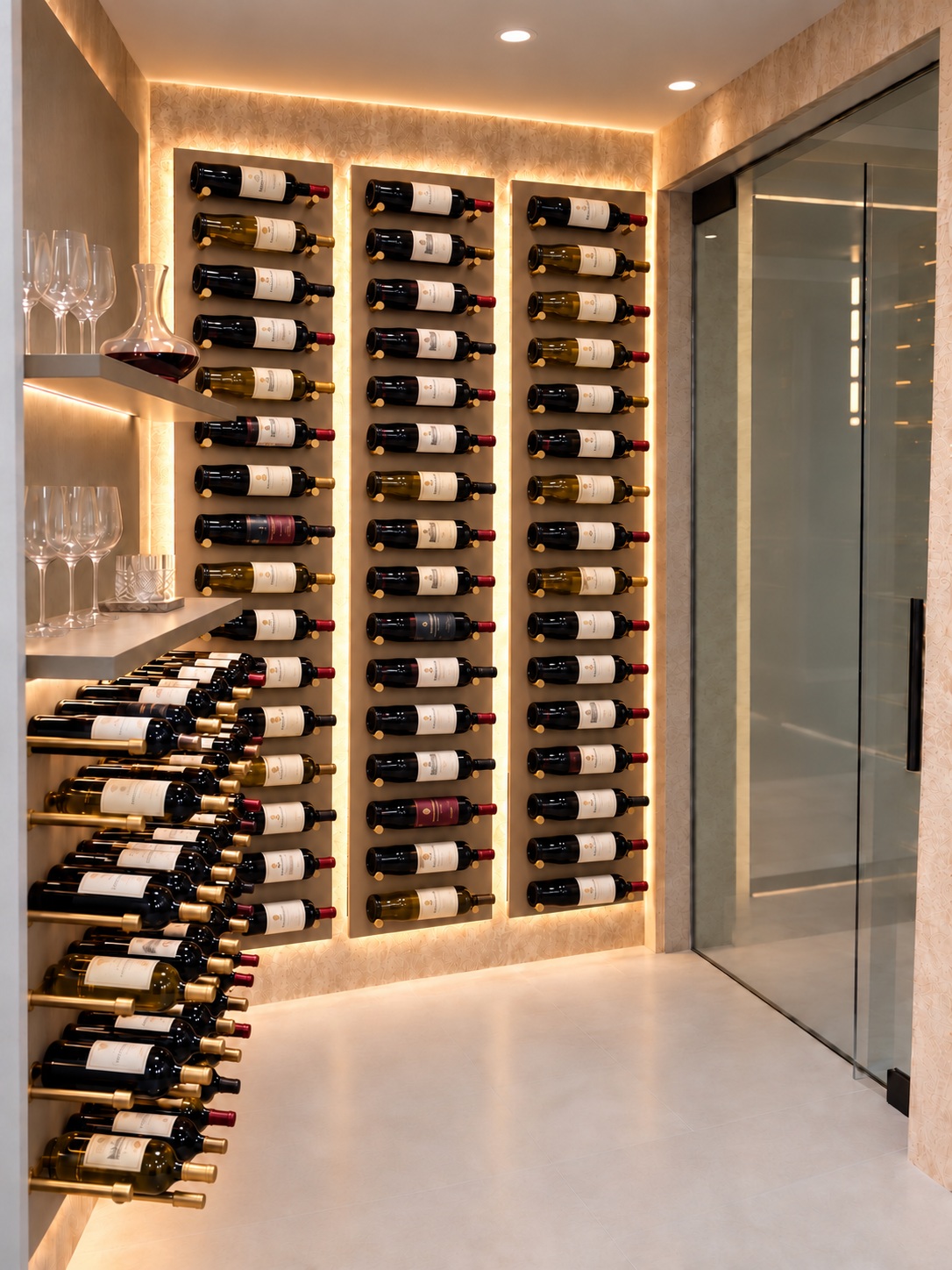 Wine room with wall-mounted bottle racks