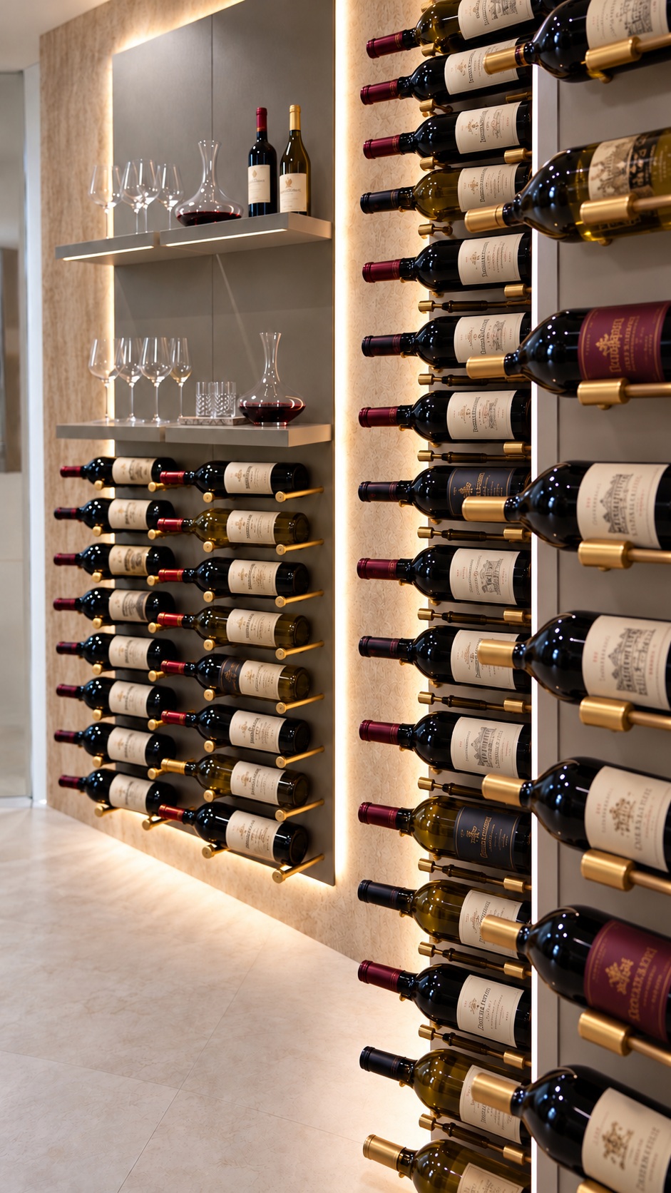 Wine display shelving and warm integrated lighting