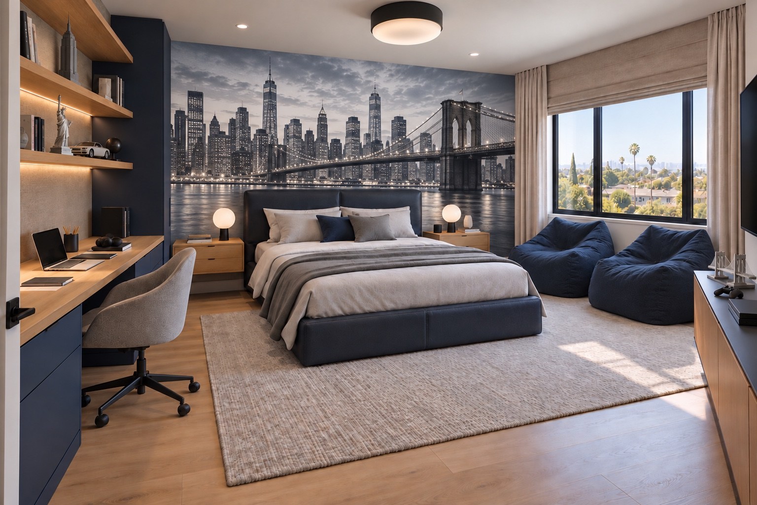 Bedroom with blue accents and a New York skyline feature wall