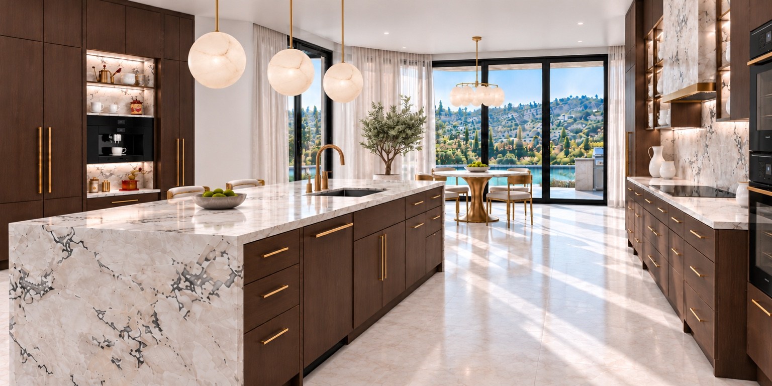 Kitchen island overlooking the dining area and garden