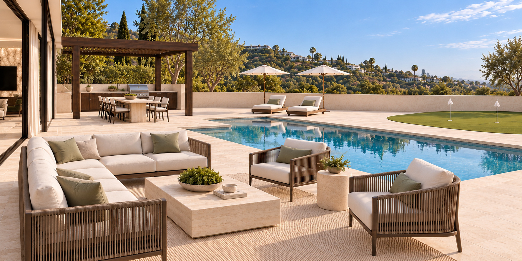 Outdoor lounge beside the pool, with covered dining and hillside views