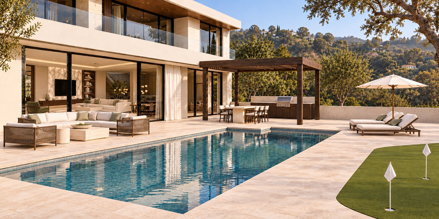 Backyard with swimming pool, outdoor seating and landscaped gardens