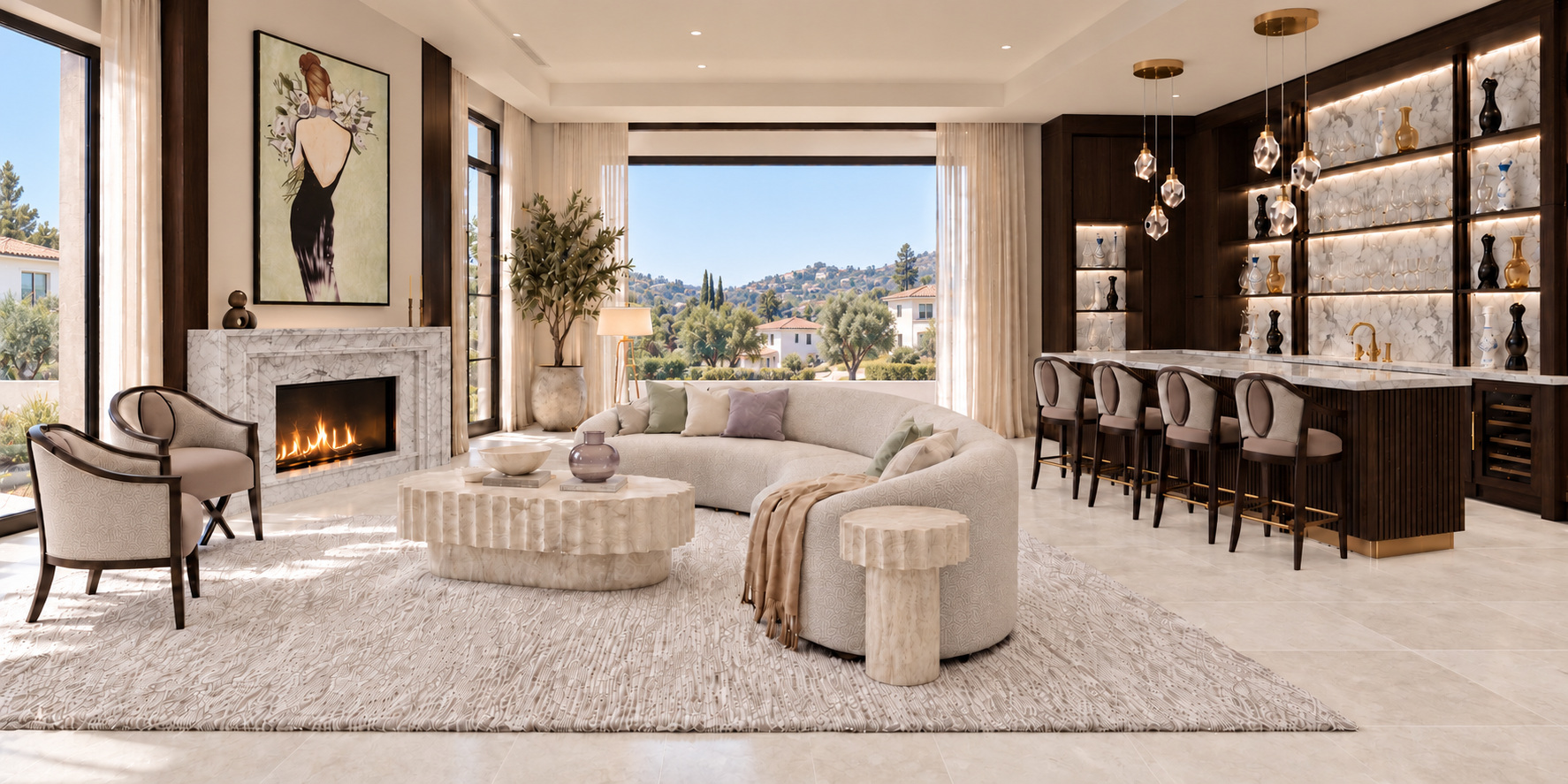 Formal living room with a marble fireplace and illuminated bar