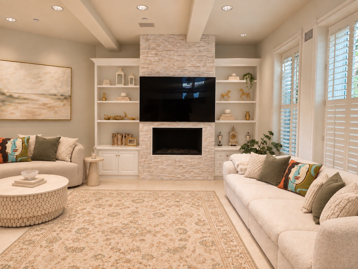 Family room media wall and built-in shelving