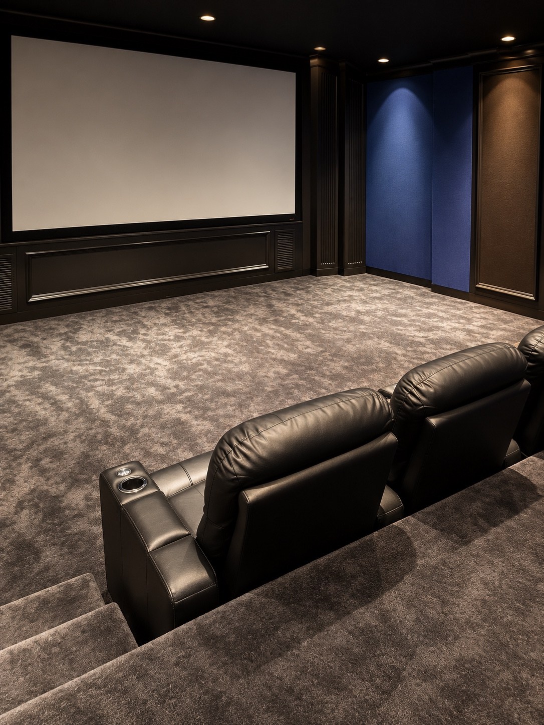 Home theater projection screen and blue wall accents