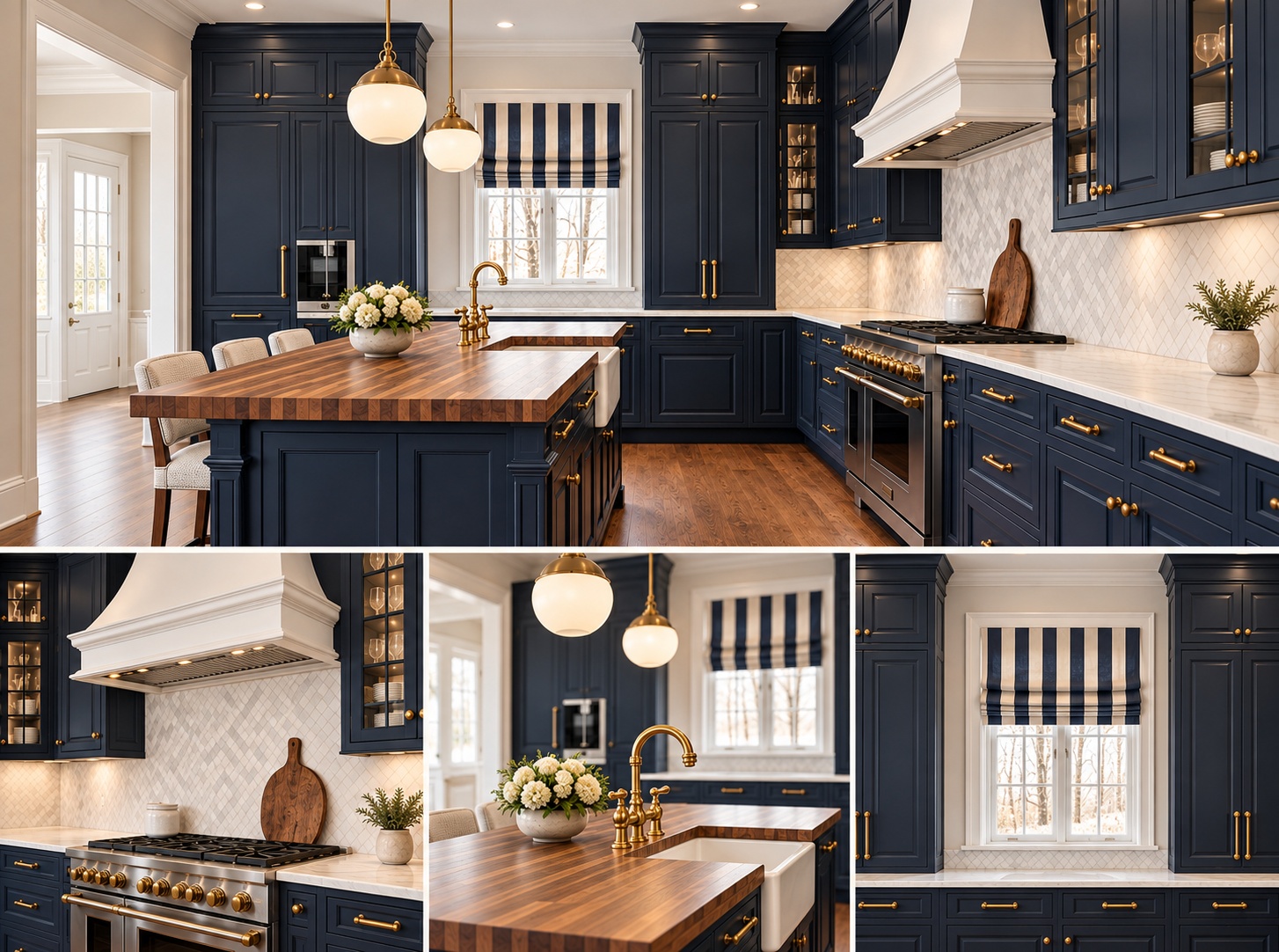 Navy cabinetry and warm wood — Kitchen collage with a butcher block island, brass pendants and navy-and-white striped Roman shade.