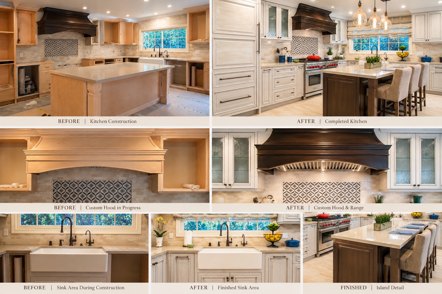 From construction to completion — The same kitchen, from cabinetry installation to the finished space.