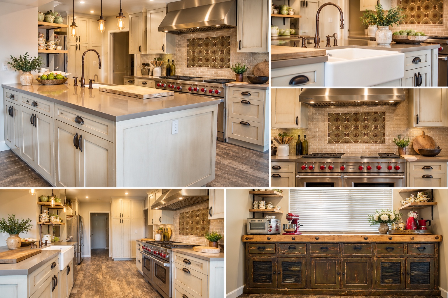 Warm rustic character — Cream cabinetry, open shelves and a farmhouse sink.