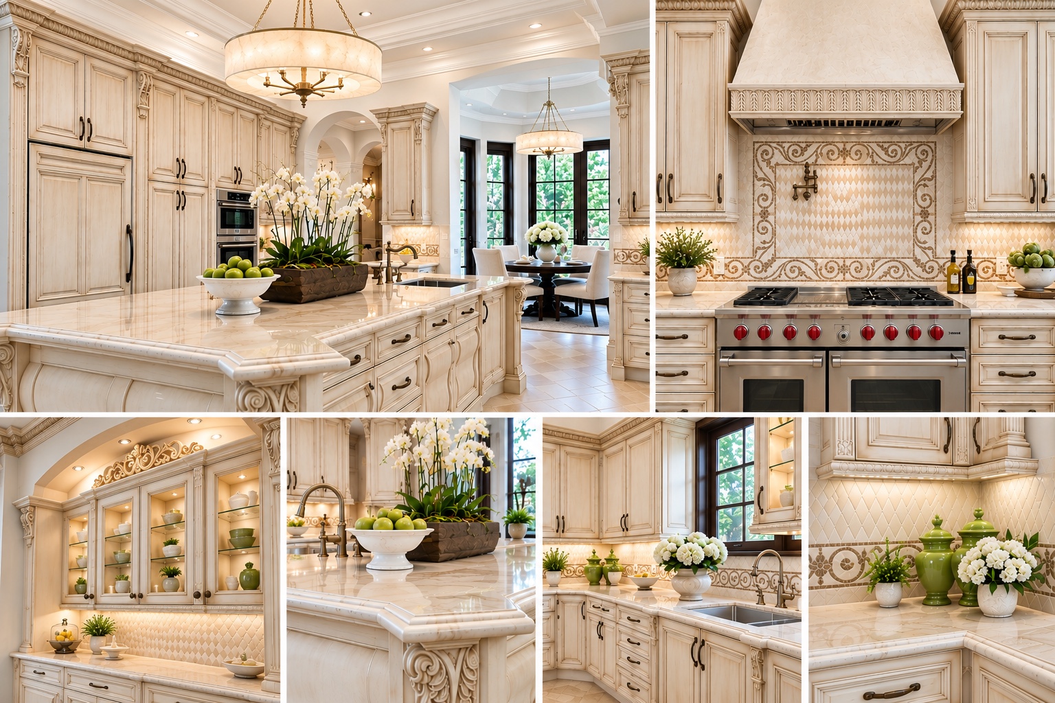 Classic cream elegance — Carved cabinetry, decorative tile and softly colored lighting.