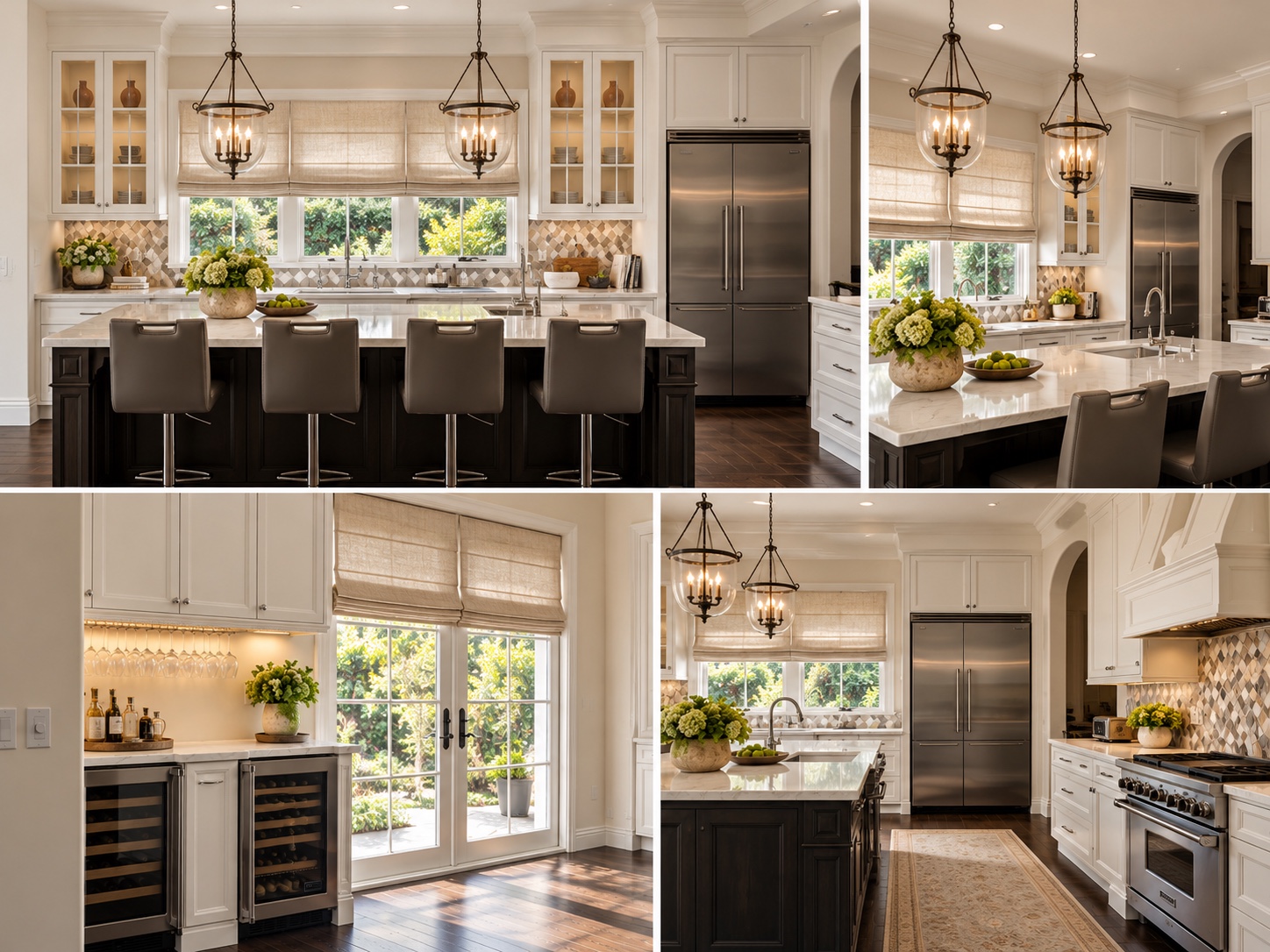 Timeless contrast — White cabinetry, a dark island and linen Roman shades.