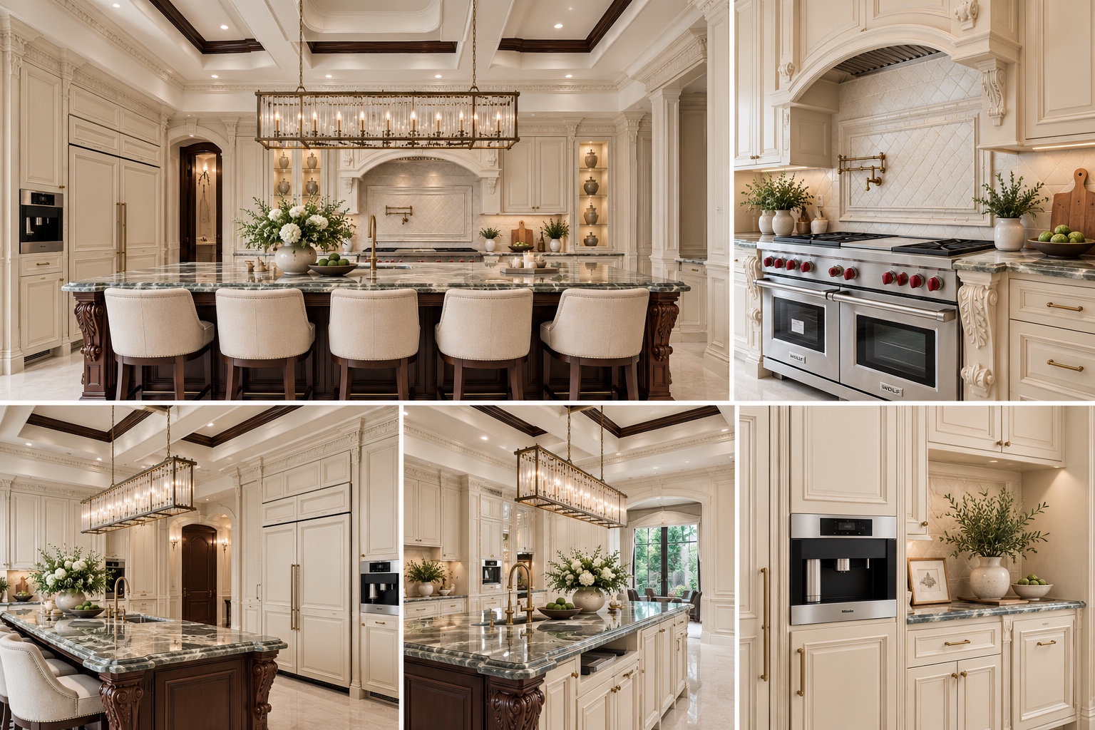Grand traditional details — An expansive island, a linear chandelier and intricate cabinetry.