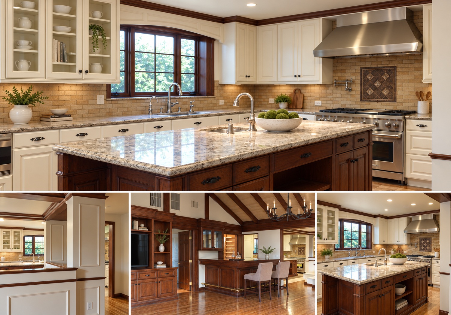 Warm wood & classic cream — Cream cabinetry, a rich wood island and an adjoining bar with a beamed ceiling.