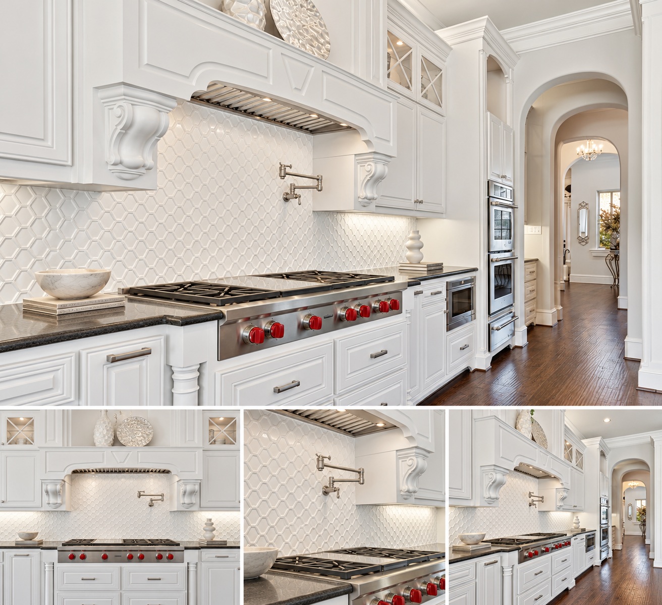 Refined white details — An ornate custom hood, dimensional tile and warm wood flooring.