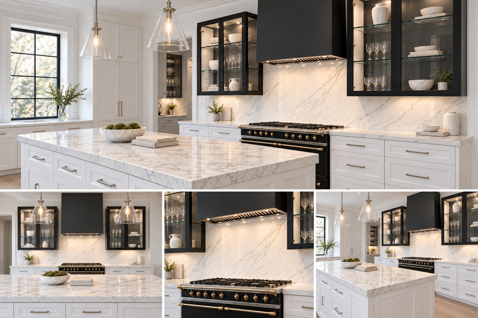 Black steel & white marble — A straight black steel hood, glass display cabinets and a marble-topped island.