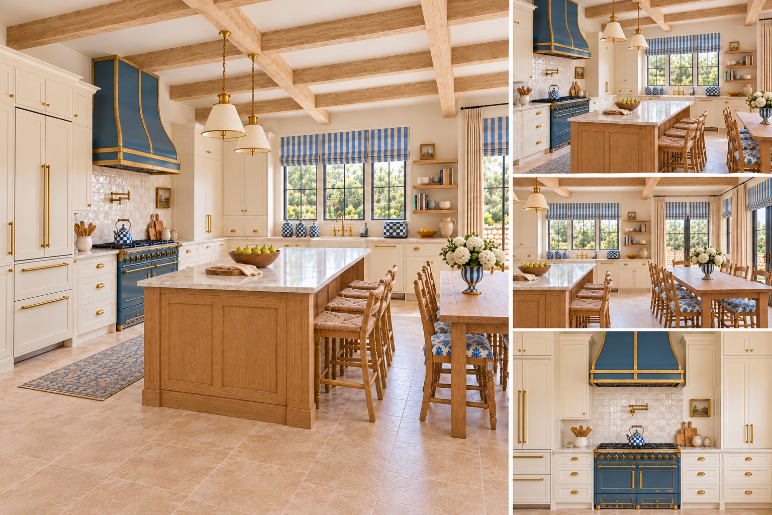 Blue and ivory country kitchen collage with an oak island, farmhouse dining table, striped Roman shades and a straight-on blue stove wall elevation