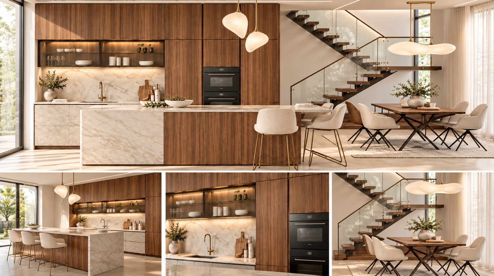 Warm walnut kitchen collage with creamy stone, sculptural pendants and a glass staircase railing
