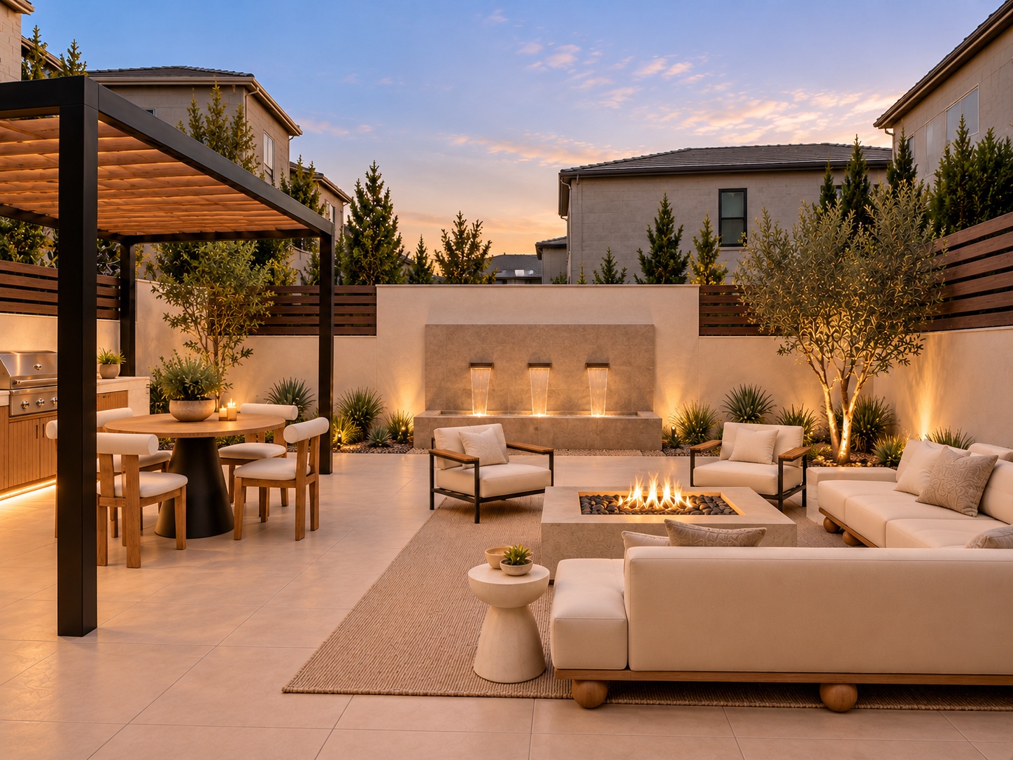 Backyard retreat with lounge seating, fire feature and pergola dining