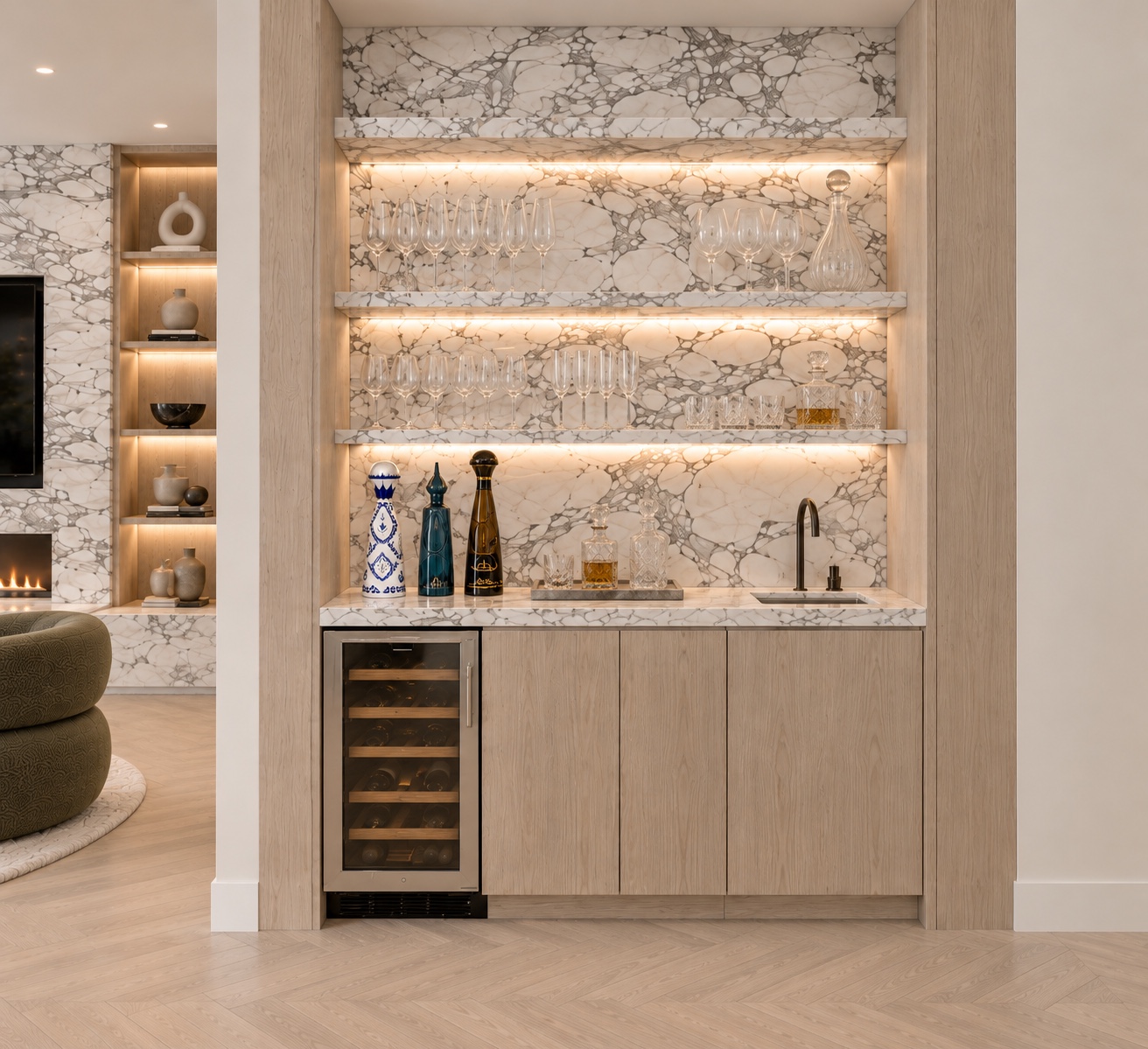 Marble bar with illuminated shelves and wine refrigerator