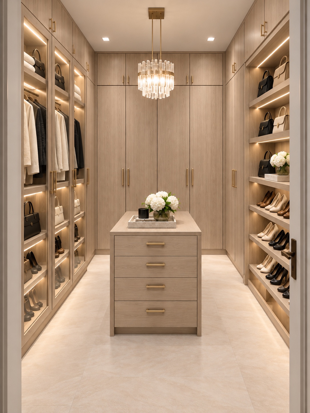 Walk-in closet with illuminated shelving and central island