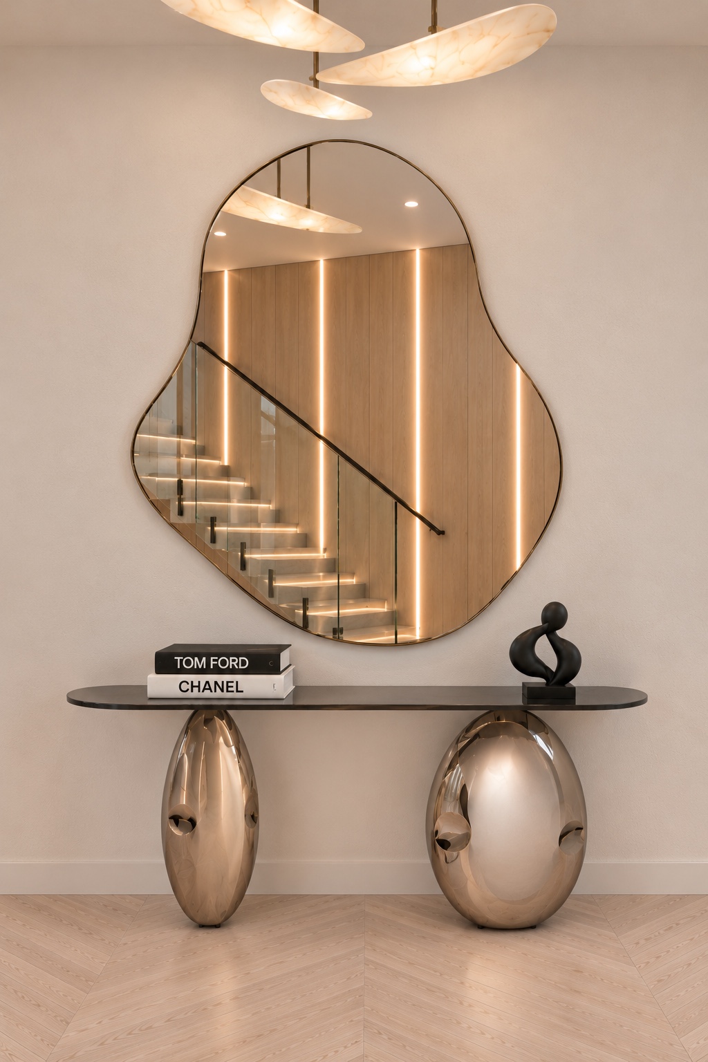Entry console with sculptural mirror