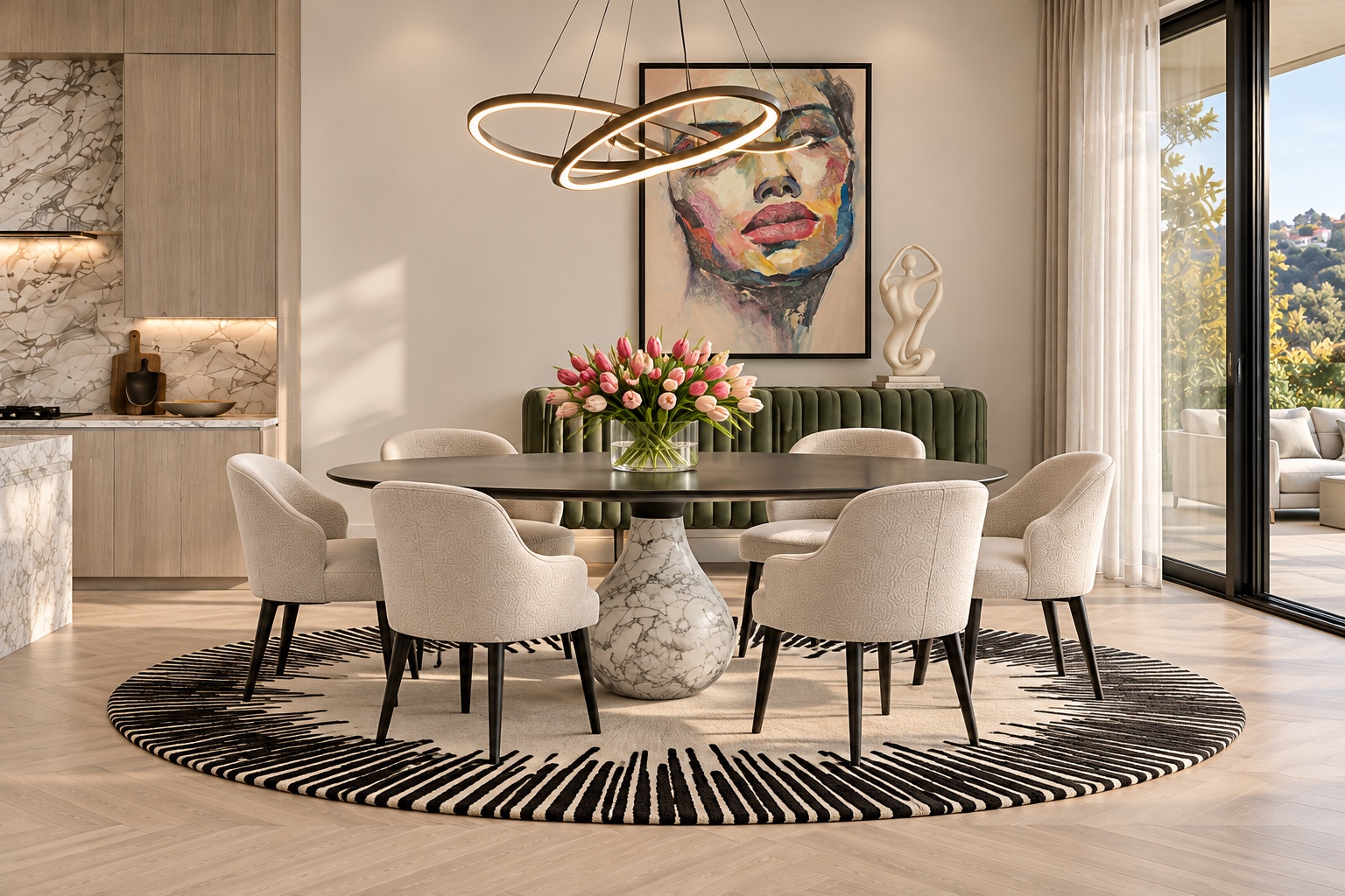 Dining room with sculptural lighting and garden views