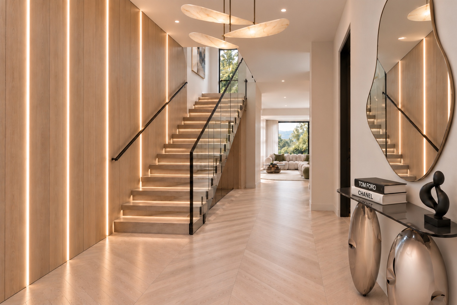 Entry hall with illuminated wall panels and glass staircase