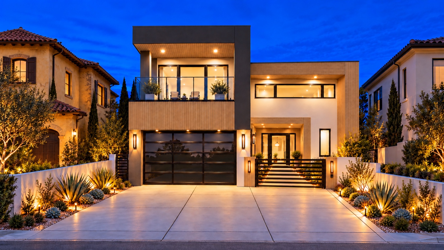 Hollywood Residence illuminated exterior at dusk