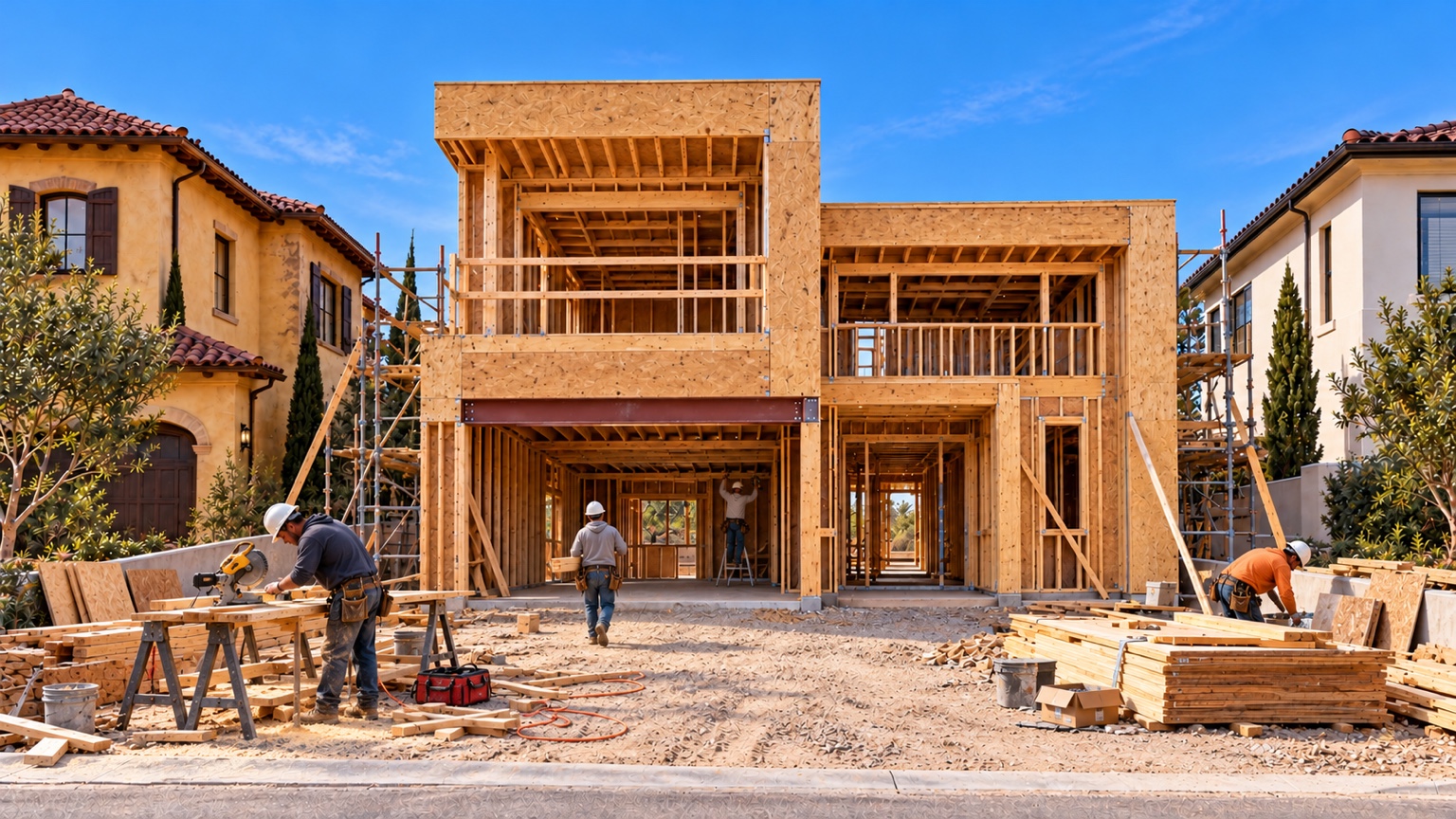 Two-story timber framing during construction
