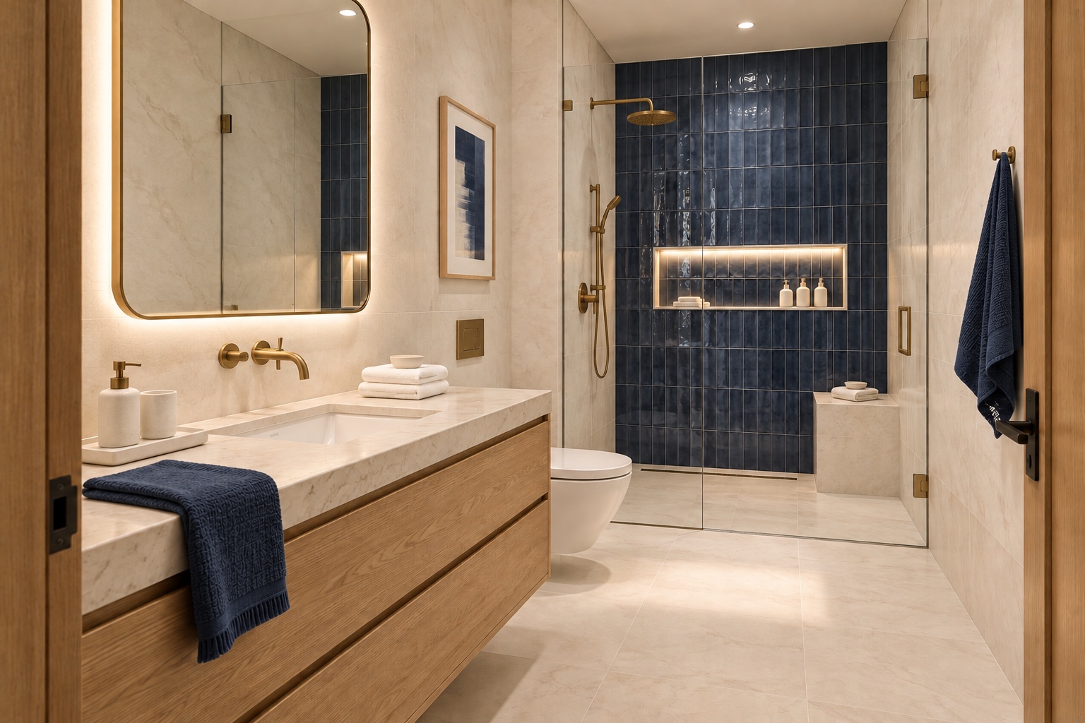 Guest bathroom with navy shower tile and floating wood vanity