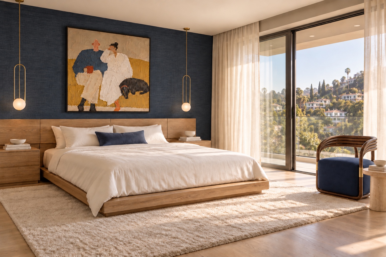 Guest bedroom with navy feature wall and warm wood bed