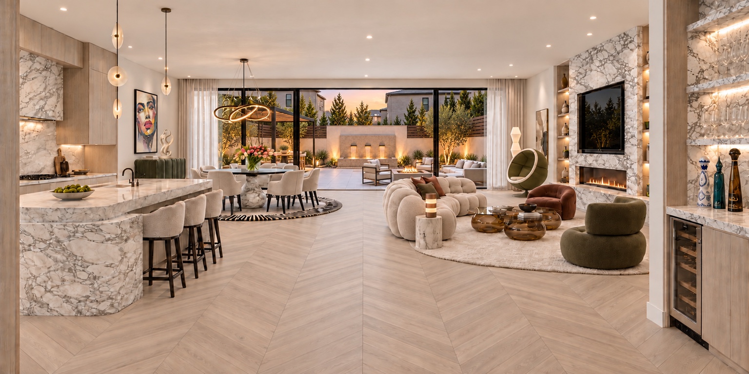 Open kitchen and living spaces looking toward the backyard