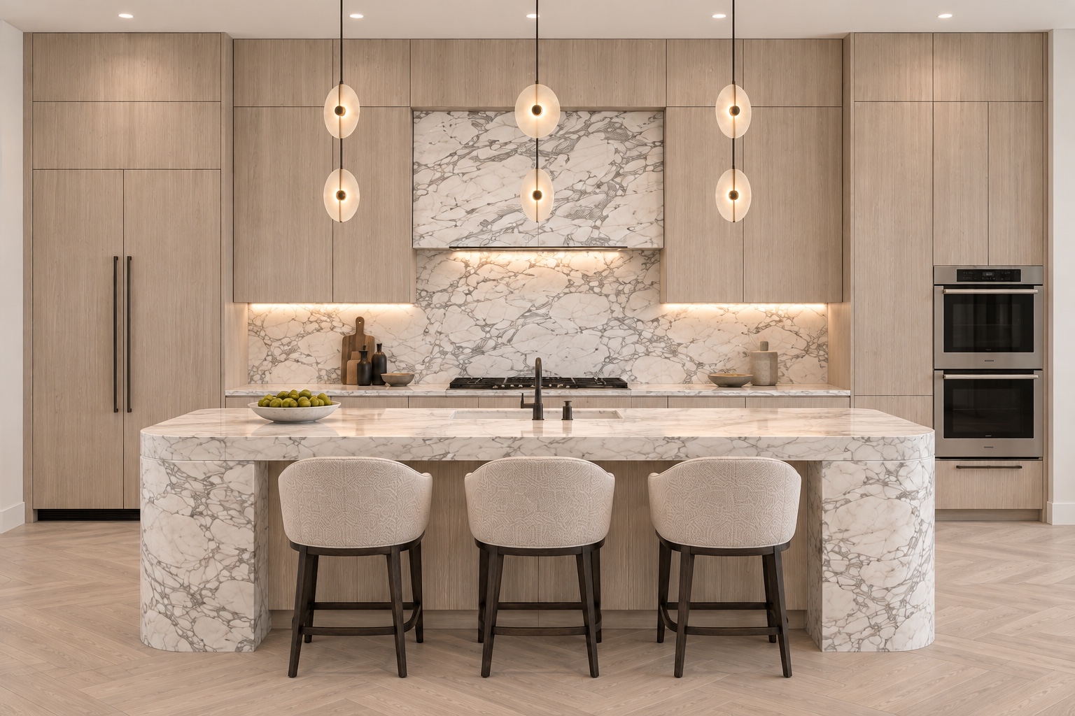 Kitchen with marble waterfall island and warm wood cabinetry