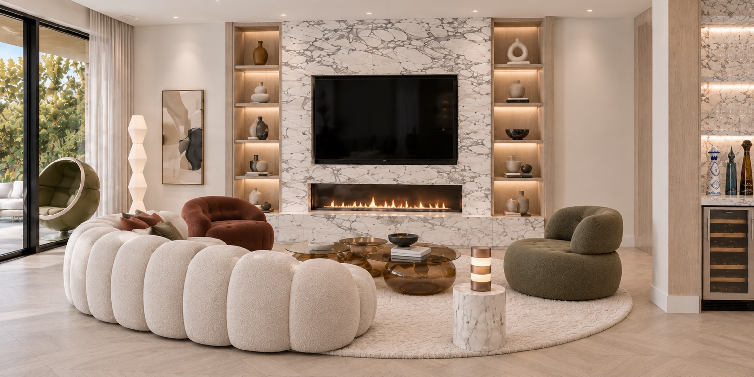 Living room fireplace and illuminated display shelves
