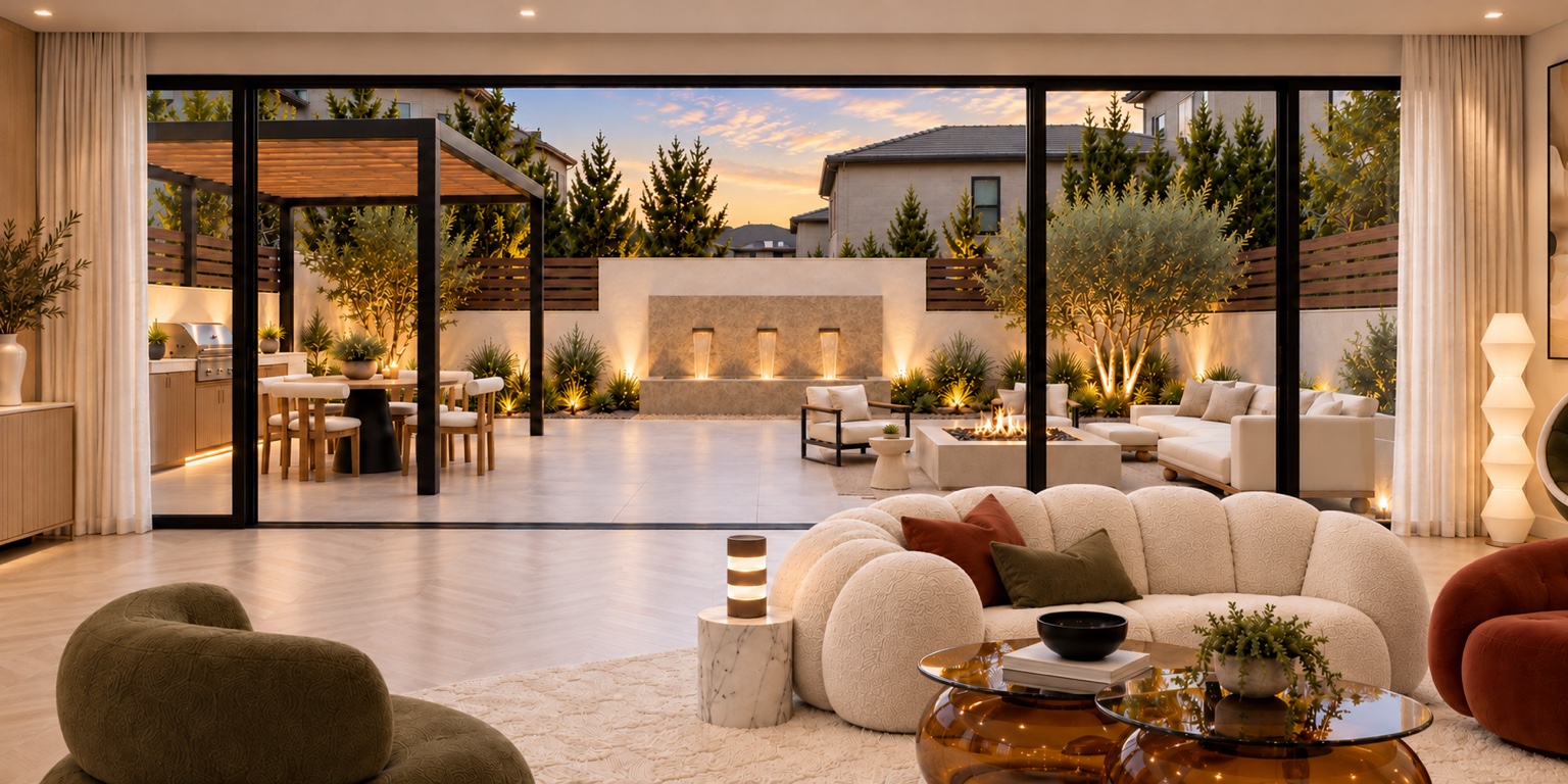 Living room opening onto the backyard retreat