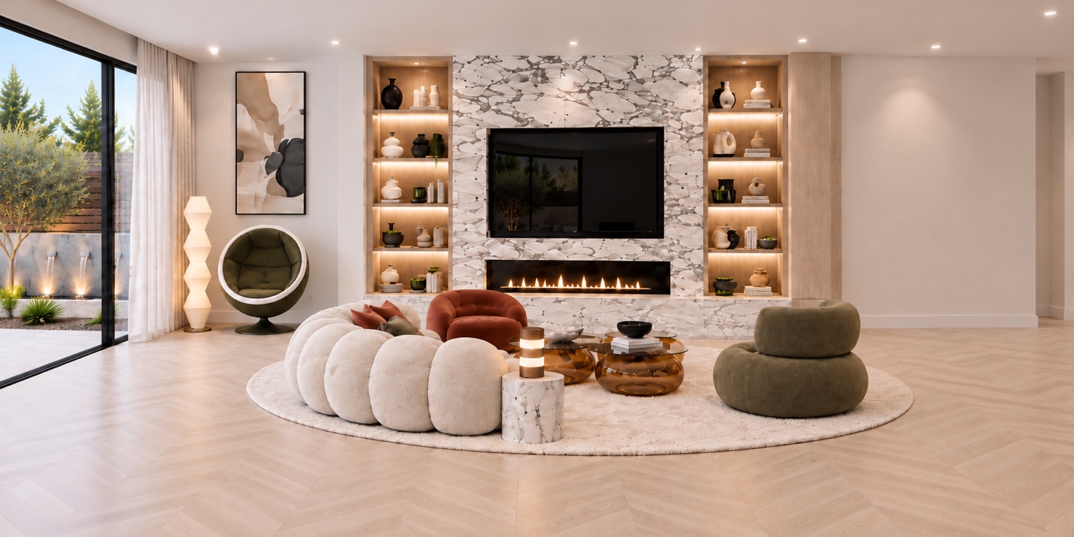 Living room with curved sofa, fireplace and garden views
