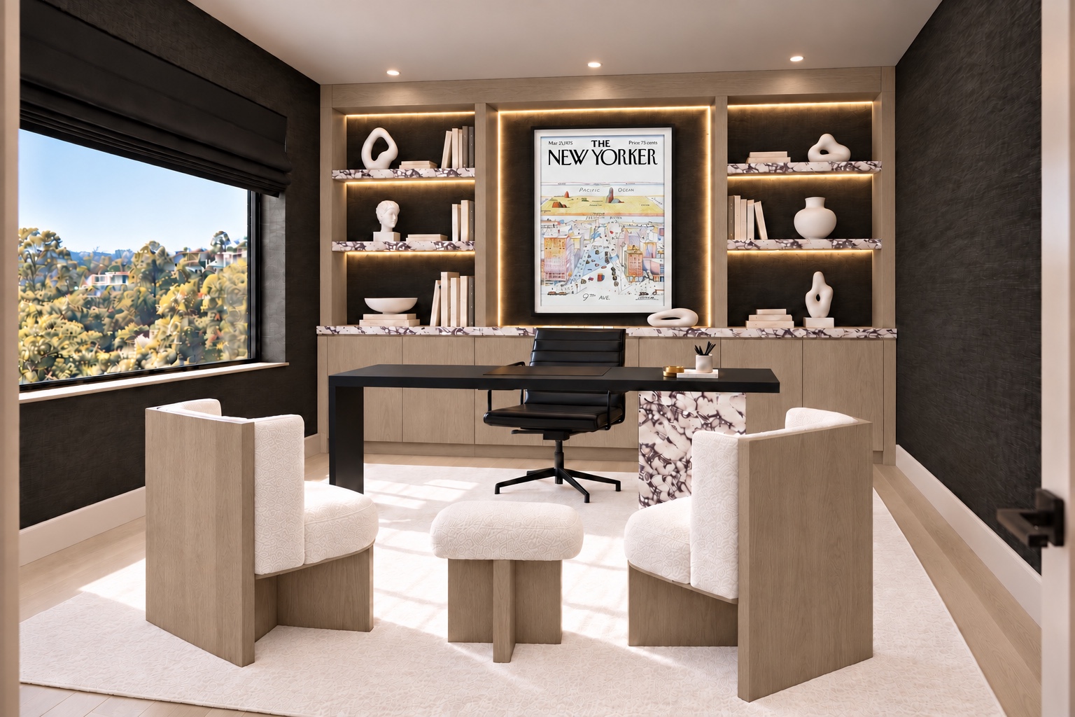 Home office with dark shelving and hillside views